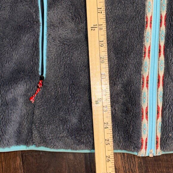Orvis Wmn L Gray Sherpa Fleece Full Zip Vest Teal Red Trim Aztec Tapestry Rodeo - Picture 6 of 8